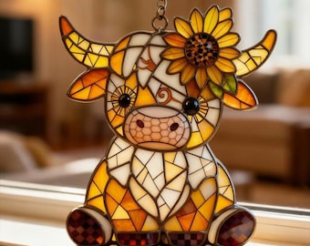 Sunflower Highland Cow Stained Glass Suncatcher, Unique Handmade Holiday Window Hanging, Farmhouse Wall Art Home Decor, Rustic Home Gift
