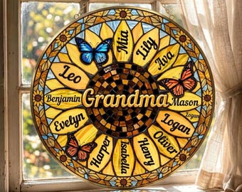 Personalized Sunflower Family Names Stained Glass Suncatcher, Custom Grandma Gift with Grandkids Names Window Hanging, Gift for Mom Grandma