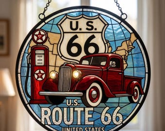 US Route 66 Stained Glass Suncatcher, Vintage Red Truck Window Hanging Decor, Retro Gas Pump Ornament, Father Day Gift for Dad Husband Him