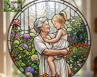Personalized Grandma Portrait from Photo, Stained Glass Style Window Decor, Unique Gift for Nana, New Home Celebration Family Ornament