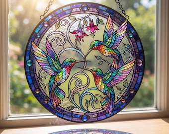 Hummingbird Flower Stained Glass Suncatcher, Bird Window Hanging, Rainbow Light Sun Catcher, Gift for Mom, Bird Lover Decor