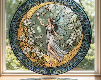 Moon Fairy Stained Glass Suncatcher, Crescent Moon Fairy Window Hanging, Celestial Fairy Acrylic Stained Glass Style Ornament, Fantasy Gift
