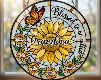 Personalized Grandma Sunflower Suncatcher, Custom Grandkids Names Window Decor, Stained Glass Style Floral Decor, Birthday Gift for Grandma