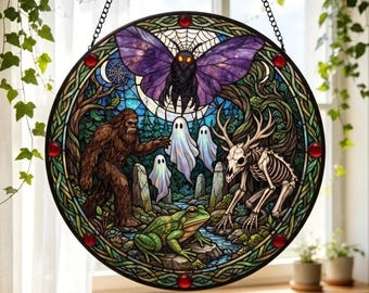 Cryptid Forest Stained Glass Suncatcher, Bigfoot Mothman Wendigo Ghost Window Hanging, Spooky Cryptids Halloween Gothic Window Ornament