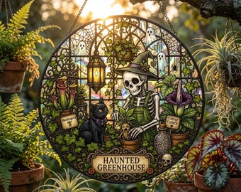 Haunted Greenhouse Stained Glass Suncatcher, Halloween Skeleton Plant Window Hanging Decor, Witchy Cat Ornament, Fall Garden Gift for Her
