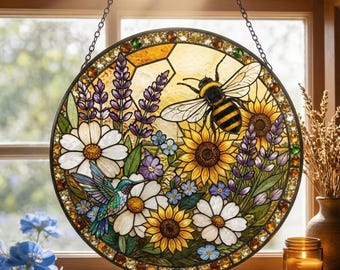 Honeybee Sunflower Stained Glass Suncatcher, Hummingbird Lavender Window Hanging Decor, Beaded Garden Ornament, Mothers Day Gift for Mom Her