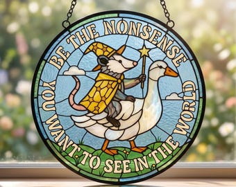 Wizard Opossum Riding Goose Stained Glass Suncatcher, Funny Meme Animal Window Hanging Decor, Absurd Nonsense Quote Ornament,Gift for Friend