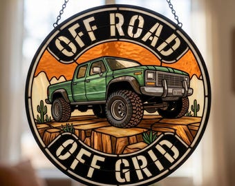 Off Road Off Grid Stained Glass Suncatcher, Retro Truck Window Hanging Decor, Vintage 4x4 Car Ornament, Father Day Gift for Dad Husband Him