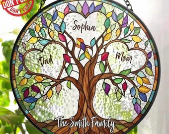 Personalized Stained Glass Suncatcher, Custom Name Family Unbreakable Bond Tree Of Life Window Hanging , Mother's Day Gift,Birth Flower Gift