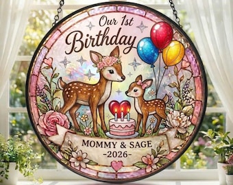Personalized 1st Birthday Deer Stained Glass Suncatcher, Custom Name Mommy and Baby Gift, First Birthday Keepsake, Custom Nursery Decor