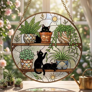 以下が含まれることがあります： 2段の木製棚に置かれた鉢植えと3匹の黒猫が描かれた円形のステンドグラス風サンキャッチャー。シダ、多肉植物、グリーンネックレス、太陽のモチーフがデザインされており、金属製の枠と吊り下げ用のチェーンが付いています。
