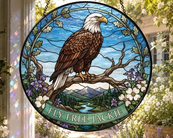 Fly Free Jackie Stained Glass Suncatcher, Jackie the Eagle Tribute, Big Bear Bald Eagle Memorial, Wildlife Window Hanging, Eagle Lover Gift