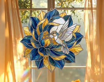 Whimsical Lotus Suncatcher Glass, Hummingbird Bird Window Hanging Art, Zen Yoga Flower Rainbow Maker Panel, Elegant Birthday Gift for Her