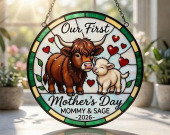 Personalized Our First Mother's Day Suncatcher, Custom Highland Cow Mommy & Baby Gift, Stained Glass Style Decor, Mother's Day Gift For Her