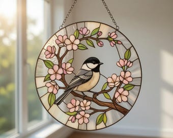 Chickadee Bird Stained Glass Suncatcher, Acrylic Style Spring Window Hanging, Black-Capped Chickadee Decor, Nature Lover Gift,Bird Art Glass