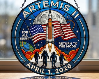 Artemis Moon Mission Suncatcher, Rocket Ship Window Art, Stained Glass Style Space Exploration Decor, Astronomy Lover Gift, Space Office Art