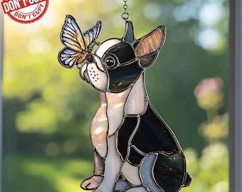 Boston Terrier & Butterfly Acrylic Suncatcher, Faux Stain Glass Suncatcher, Window Hanging Decor, Pet Keepsake, Lover Animal Gift, Dog Lover