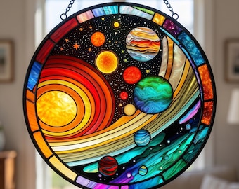 Solar System Stained Glass Suncatcher, Vibrant Space Planet Window Hanging Decor, Cosmic Astronomy Ornament, Science Gift for Kids Adults