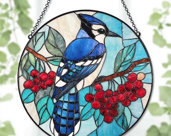 Blue Jay Stained Glass Suncatcher, Blue Jay Bird Acrylic Window Hanging, Bird Lover Window Decor, Mother's Day Gift, Memorial Gift For Mom