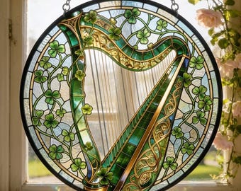 Irish Harp Stained Glass Suncatcher, Irish Heritage Window Hanging, Celtic Music Art Panel, Unique Gift For Musicians And Irish Culture Fan