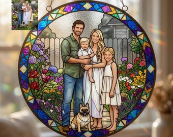 Custom Family Portrait Suncatcher, Personalized Family Photo Glass Art, Anniversary Gift for Parents, Housewarming Gift, Pet Portrait Art
