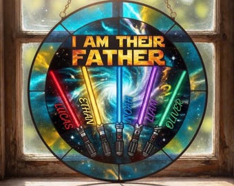 Personalized I Am Their Father Suncatcher, Custom Lightsaber Gift for Dad, StarWars Inspired Window Art, Father's Day Gift with Kids Names
