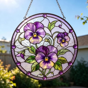 May include: A circular stained glass suncatcher featuring three purple and yellow pansy flowers with green leaves. The design is framed by a dark metal border with small purple glass beads and is suspended by a metal chain for hanging display.