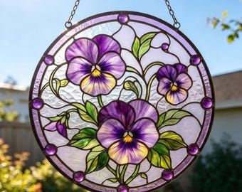Violet Flower Stained Glass Suncatcher, Purple Floral Window Hanging, Nature Decor Gift For Plant Lover Home Idea Best