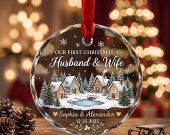 First Christmas Married Ornament, Custom Mr and Mrs Keepsake Personalized Winter Cabin Ornament, Couple Ornament Gift for Wife