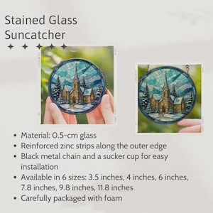May include: A circular stained glass suncatcher featuring a church building surrounded by pine trees in a snowy landscape. The piece is constructed from 0.5-cm glass with reinforced zinc strips along the outer edge and includes a black metal chain.