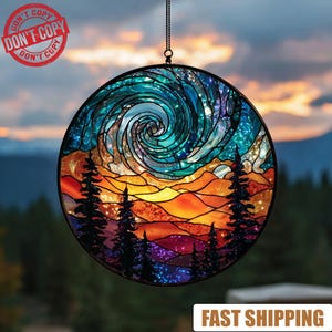 May include: A circular stained glass window showing a sunset over a mountain range with two silhouetted pine trees. The sky transitions from orange to blue with a swirling pattern. The words "DON'T COPY" are stamped on the top left.