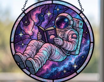 Astronaut Reading Book Stained Glass Suncatcher, Galaxy Cosmic Window Hanging Decor, Nebula Space Ornament, Whimsical Gift for Book Lover