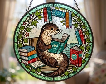 Otter Book Suncatcher, Stained Glass Style Cute Otter Window Art, Whimsical Bookworm Decor, Unique Literary Gift for Book Lovers