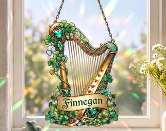 Custom Irish Harp Stained Glass Suncatcher, Irish Heritage Window Hanging, Celtic Music Art Panel, Gift For Musicians And Irish Culture Fan