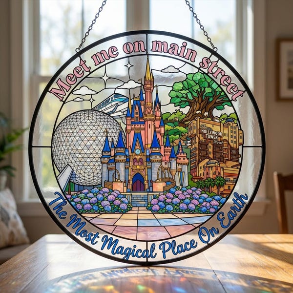 Atrapasueños de vidrieras "Meet Me On Main Street", adorno para ventana de Magic Kingdom, decoración del parque temático Main Street, regalo para viaje familiar a Disney.