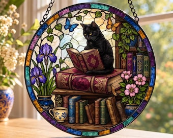 3D Black Cat Reading Book Stained Glass Suncatcher, Reading Cat Acrylic Window Hanging, Book Lovers Gift, Witch Cat Ornament Wall Decor