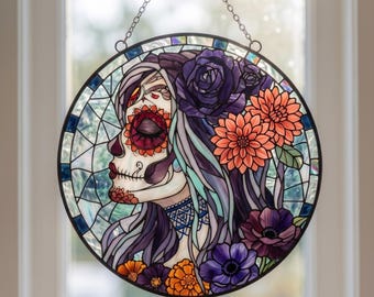 Sugar Skull Lady Stained Glass Suncatcher, Day of the Dead Window Hanging Decor, Mexican Catrina Ornament, Spooky Autumn Gift for Her Mom