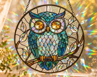 Whimsical Owl Suncatcher Glass, Iridescent Bird Window Hanging Art, Mystic Forest Rainbow Maker Panel, Unique Teacher Birthday Gift Her