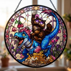 Princess Donut And Mongo Stained Glass Suncatcher, Dungeon Crawler Fantasy Book Reader Geeky Cat Lover Window Hanging, Gift For Crawlers