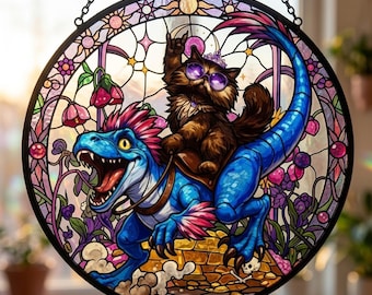 Prinsessan Donut och Mongo målat glas solfångare, Dungeon Crawler Fantasy bokläsare nördig kattälskare fönsterhängande, present till crawlers