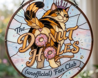 The Donut Holes Fan Club Stained Glass Suncatcher, Dungeon Crawler Carl Window Hanging, Princess Donut and Mongo Wall Decor, Cat Lover Gift