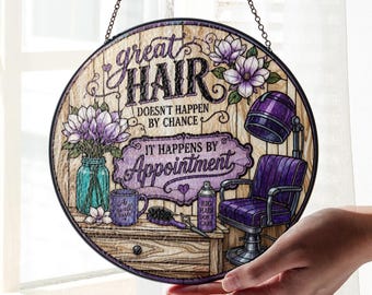 Great Hair Stained Glass Suncatcher, Southern Salon Window Hanging Decor, Magnolia Flower Appointment Sign, Hairstylist Gift for Salon Her