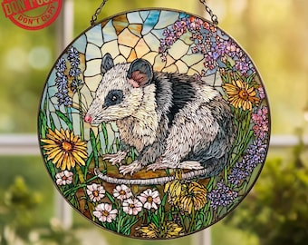 Opossum In Wildflower Field Suncatcher Window Hanging, Opossum Lovers Gift,Flower Glass Suncatcher Window Hanging,Opossum Glass Window Decor