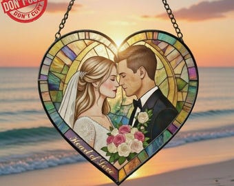 Atrapasueños de vitral con foto personalizada de pareja en forma de corazón, retrato familiar personalizado para ventana, regalo conmemorativo de aniversario de boda