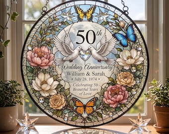 Personalized 50th Wedding Anniversary Stained Glass Suncatcher,  Custom Window Hanging, Custom Golden Gift For Couple Home Unique Idea