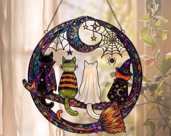 Halloween Cat Acrylic Suncatcher, Spooky Cat Window Hanging, Witch Ghost Black Cat Decor, Halloween Acrylic Ornament, Cat Lover Gift