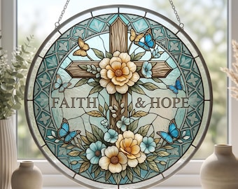 Christian Cross Stained Glass Suncatcher, Faith Hope Window Hanging Decor, Butterfly Floral Religious Ornament, Mothers Day Gift for Mom Her