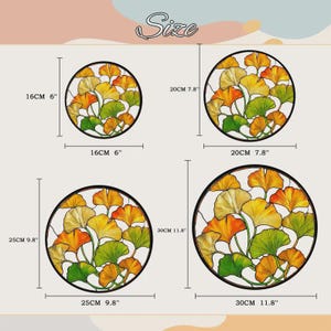 May include: Four circular metal wall art pieces featuring ginkgo leaf designs in yellow, orange, and green. The sizes are labelled as 16 cm, 20 cm, 25 cm, and 30 cm in diameter, with corresponding imperial measurements also provided.