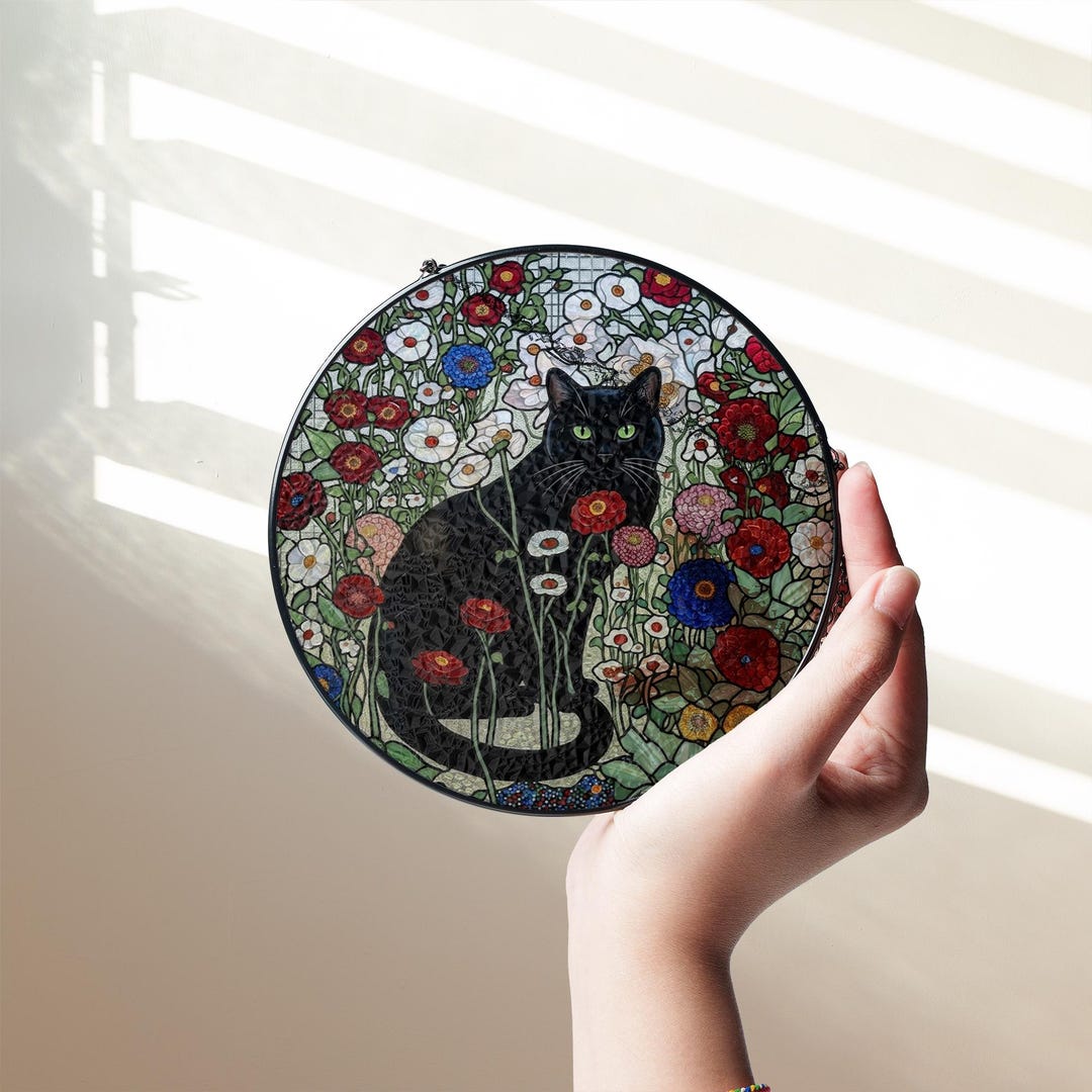 Stained Glass Black Cat Suncatcher, Floral Cat Window Hanging Art ...