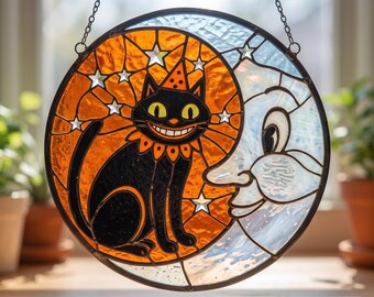 Moon And Cat Halloween Suncatcher, Stained Glass Spooky Window Hanging, Vintage Ornament, Gift for Cat Lover Spooky Season Home Decor Unique